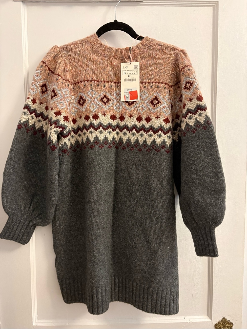 Zara Grey Fair Isle Crewneck Sweater Dress with Peach Yoke